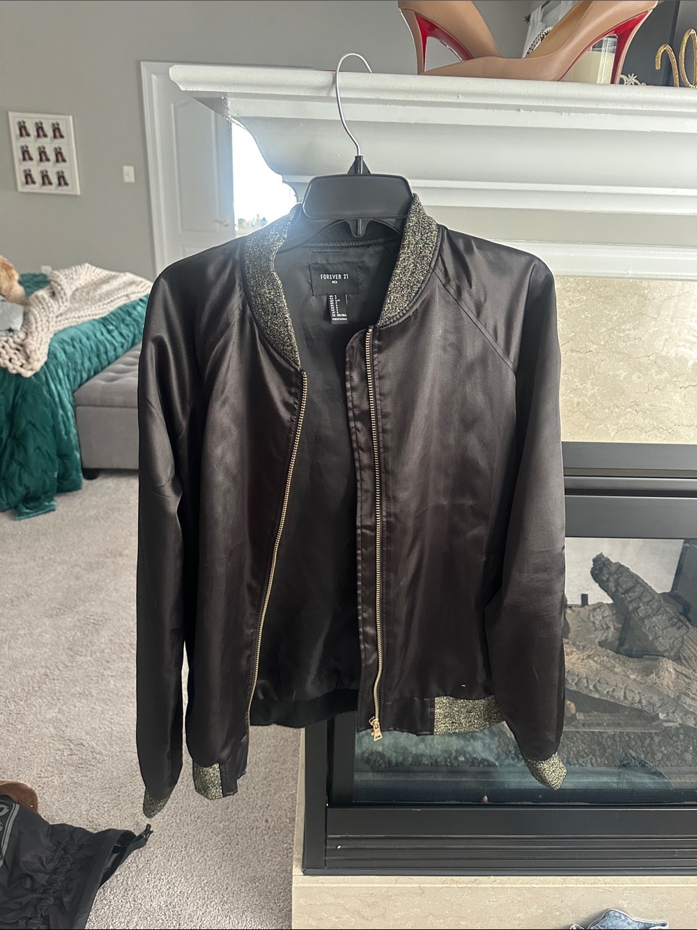 Forever 21 Men's Dark Brown Bomber Jacket with Metallic Trim